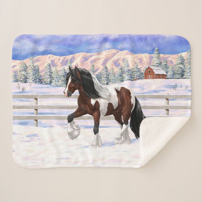 Bay Pinto Brown Skewbald Gypsy Vanner Tinker Horse Sherpa Blanket (Front (Horizontal))
