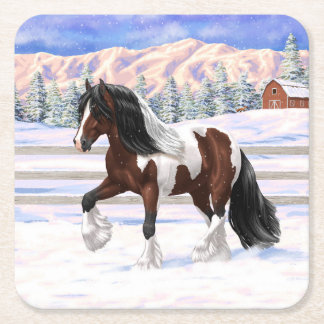 Bay Pinto Brown Skewbald Gypsy Vanner Tinker Horse Square Paper Coaster
