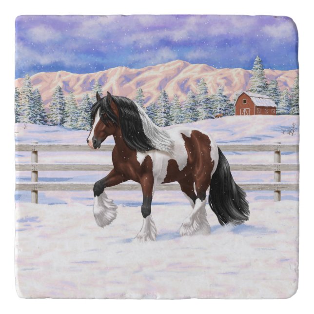 Bay Pinto Brown Skewbald Gypsy Vanner Tinker Horse Trivet (Front)