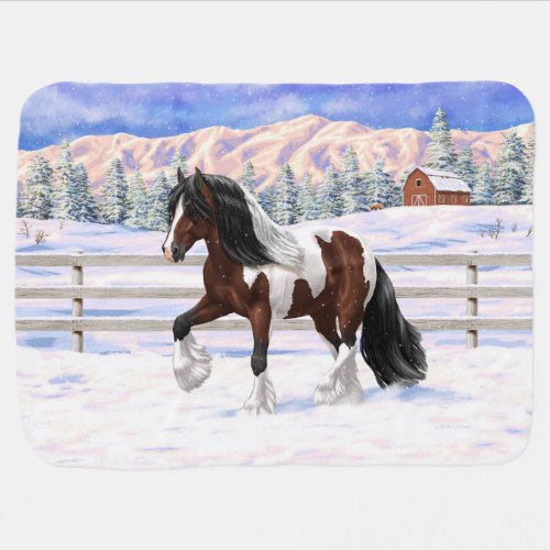 Bay Pinto Gypsy Vanner Draft Horse In Snow Baby Blanket