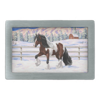 Bay Pinto Gypsy Vanner Draft Horse In Snow Belt Buckle