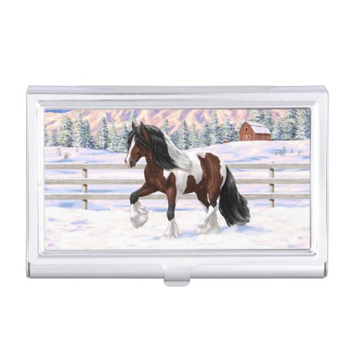 Bay Pinto Gypsy Vanner Draft Horse In Snow Business Card Case