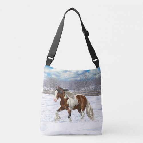 Bay Pinto Gypsy Vanner Draft Horse In Snow Crossbody Bag