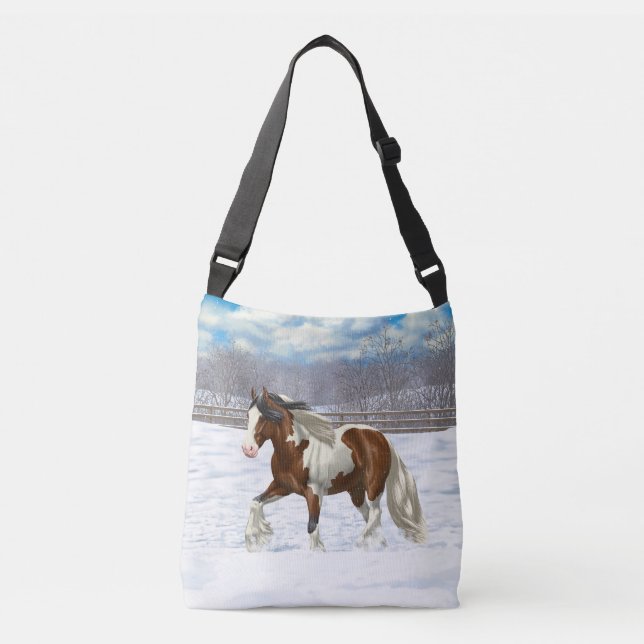 Bay Pinto Gypsy Vanner Draft Horse In Snow Crossbody Bag (Front)