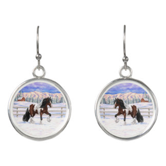 Bay Pinto Gypsy Vanner Draft Horse In Snow Earrings