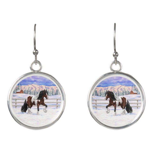 Bay Pinto Gypsy Vanner Draft Horse In Snow Earrings (Front)