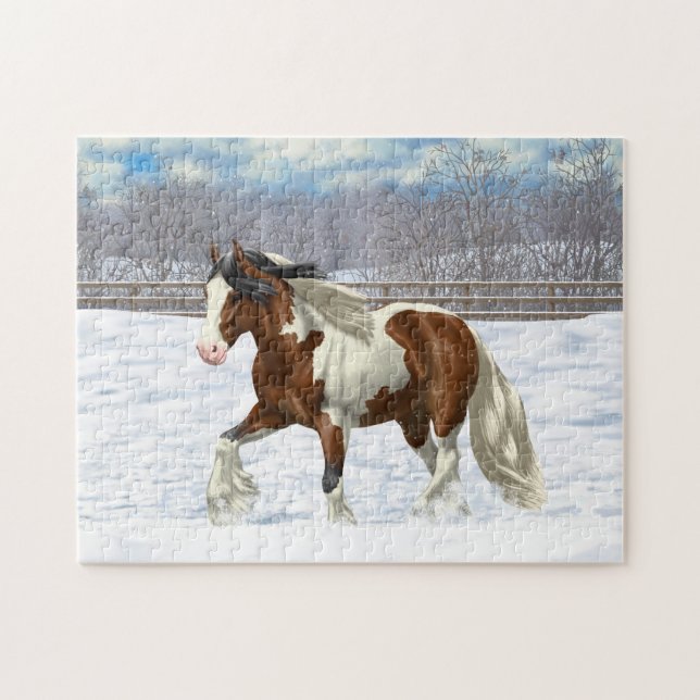 Bay Pinto Gypsy Vanner Draft Horse In Snow Jigsaw Puzzle (Horizontal)