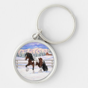 Bay Pinto Gypsy Vanner Draft Horse In Snow Keychain