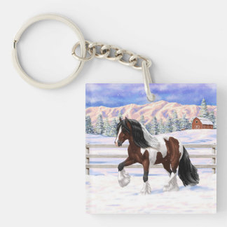 Bay Pinto Gypsy Vanner Draft Horse In Snow Keychain