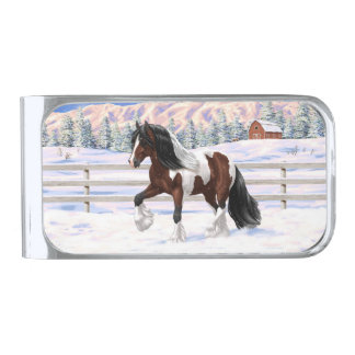 Bay Pinto Gypsy Vanner Draft Horse In Snow Silver Finish Money Clip