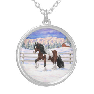 Bay Pinto Gypsy Vanner Draft Horse In Snow Silver Plated Necklace