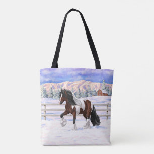 Bay Pinto Gypsy Vanner Draft Horse In Snow Tote Bag