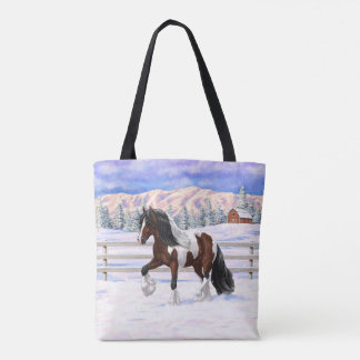 Bay Pinto Gypsy Vanner Draft Horse In Snow Tote Bag