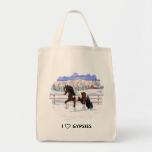 Bay Pinto Gypsy Vanner Draft Horse In Snow Tote Bag
