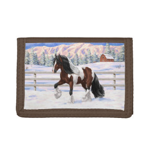 Bay Pinto Gypsy Vanner Draft Horse In Snow Tri-fold Wallet