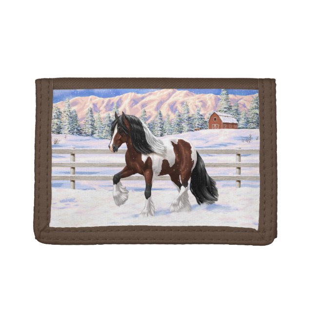 Bay Pinto Gypsy Vanner Draft Horse In Snow Trifold Wallet (Front)