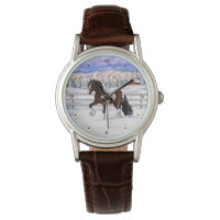 Bay Pinto Gypsy Vanner Draft Horse In Snow