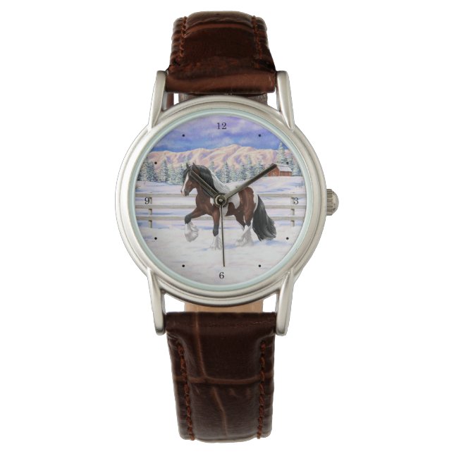 Bay Pinto Gypsy Vanner Draft Horse In Snow Watch (Front)