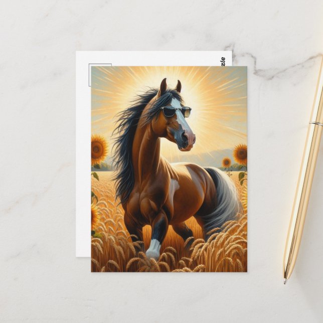 Bay Pinto Horse in Sunglasses Postcard (Front/Back In Situ)