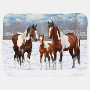 Bay Pinto Paint Horses In Winter Snow Baby Blanket