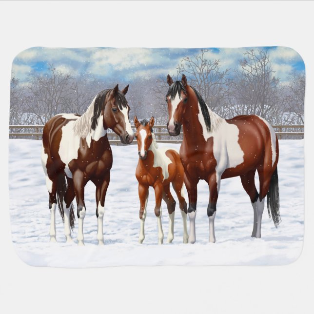 Bay Pinto Paint Horses In Winter Snow Baby Blanket (Horizontal)
