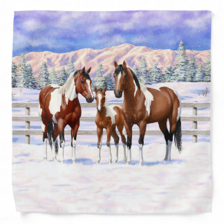 Bay Pinto Paint Horses In Winter Snow Bandana