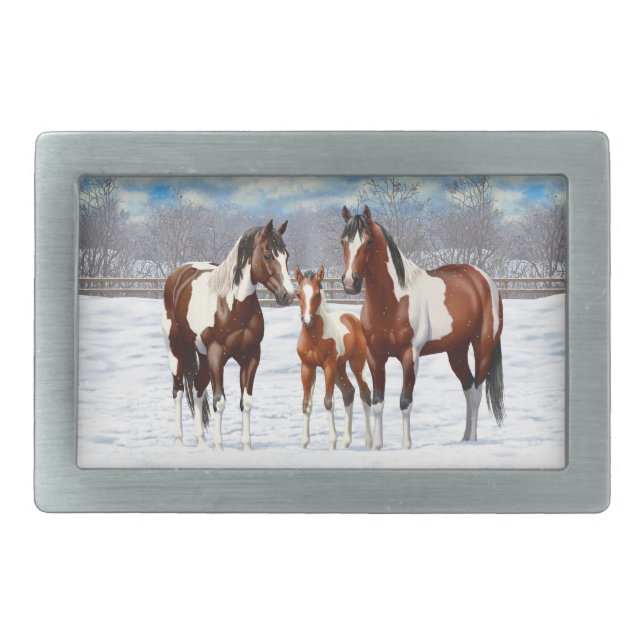 Bay Pinto Paint Horses In Winter Snow Belt Buckle (Front)