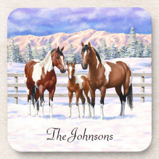 Bay Pinto Paint Horses In Winter Snow Beverage Coaster