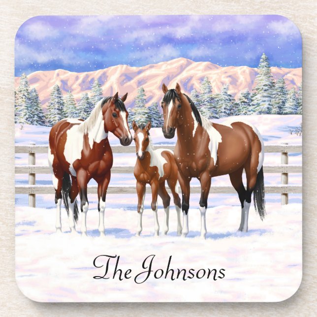 Bay Pinto Paint Horses In Winter Snow Beverage Coaster (Front)