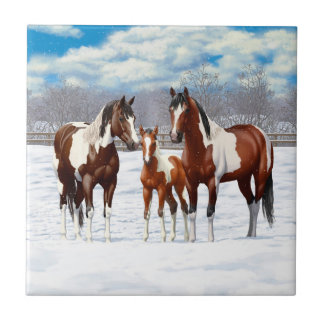 Bay Pinto Paint Horses In Winter Snow Ceramic Tile