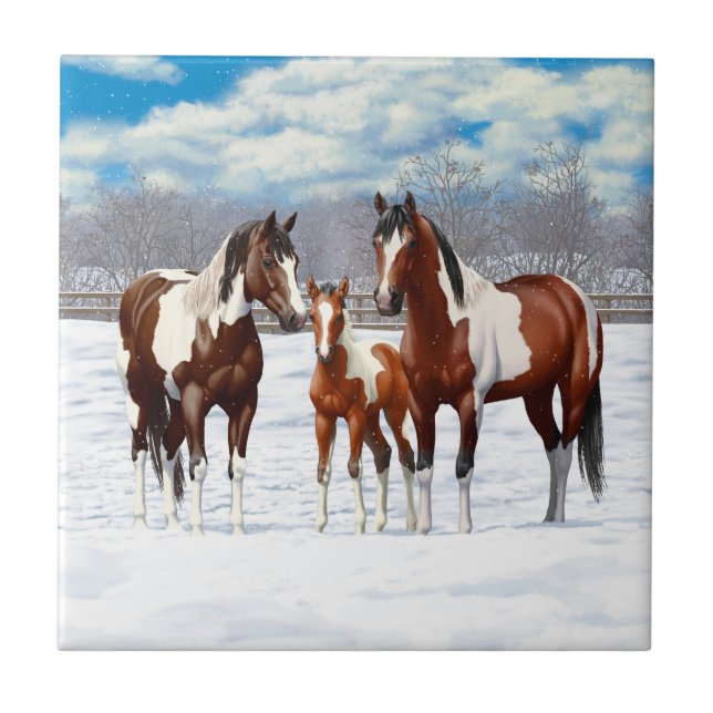 Bay Pinto Paint Horses In Winter Snow Ceramic Tile (Front)