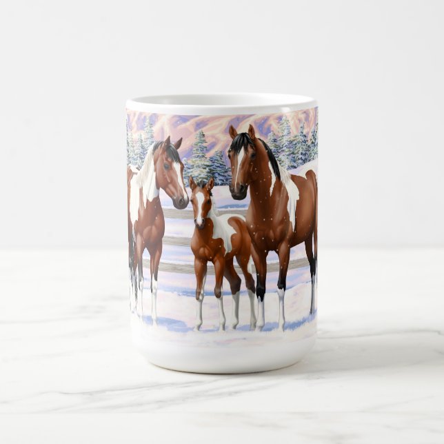 Bay Pinto Paint Horses In Winter Snow Coffee Mug (Center)