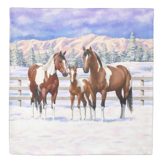 Bay Pinto Paint Horses In Winter Snow Duvet Cover
