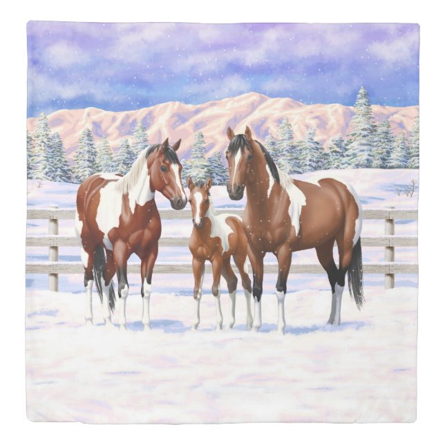 Bay Pinto Paint Horses In Winter Snow Duvet Cover (Front)