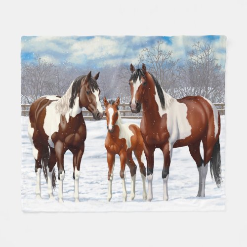 Bay Pinto Paint Horses In Winter Snow Fleece Blanket