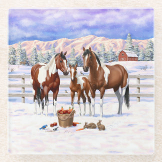 Bay Pinto Paint Horses In Winter Snow Glass Coaster