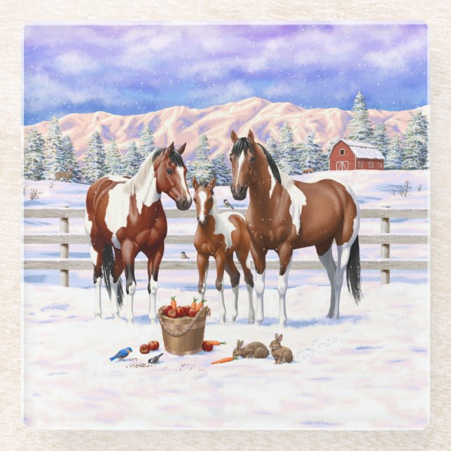 Bay Pinto Paint Horses In Winter Snow Glass Coaster (Front)