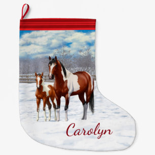 Bay Pinto Paint Horses In Winter Snow Large Christmas Stocking