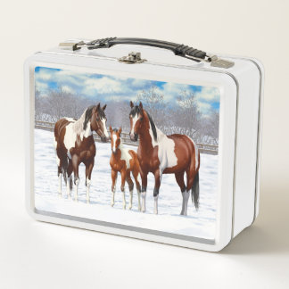 Bay Pinto Paint Horses In Winter Snow Metal Lunch Box