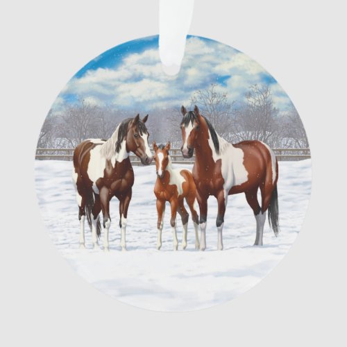 Bay Pinto Paint Horses In Winter Snow Ornament