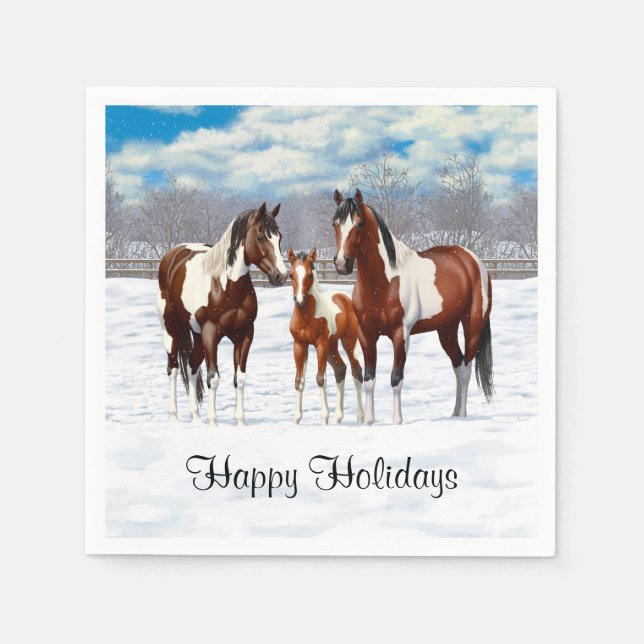 Bay Pinto Paint Horses In Winter Snow Paper Napkins (Front)