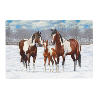 Bay Pinto Paint Horses In Winter Snow Placemat