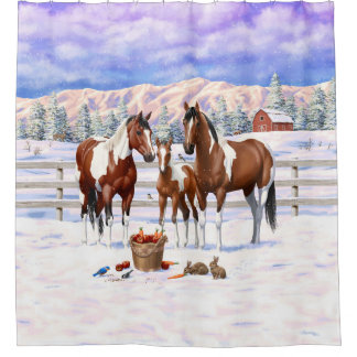 Bay Pinto Paint Horses In Winter Snow Shower Curtain