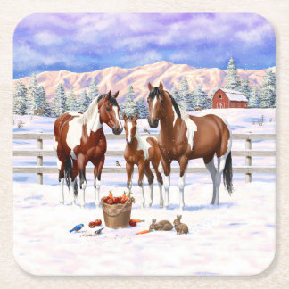 Bay Pinto Paint Horses In Winter Snow Square Paper Coaster