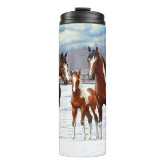 Bay Pinto Paint Horses In Winter Snow Thermal Tumbler