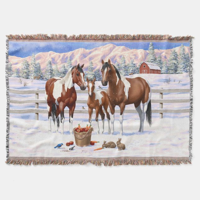 Bay Pinto Paint Horses In Winter Snow Throw Blanket (Front)