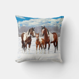 Bay Pinto Paint Horses In Winter Snow Throw Pillow