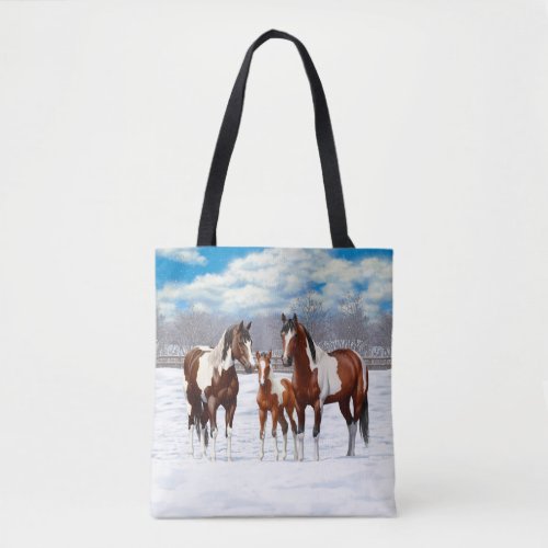 Bay Pinto Paint Horses In Winter Snow Tote Bag