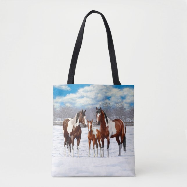Bay Pinto Paint Horses In Winter Snow Tote Bag (Front)