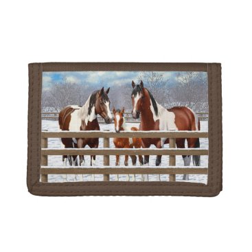 Bay Pinto Paint Horses In Winter Snow Trifold Wallet